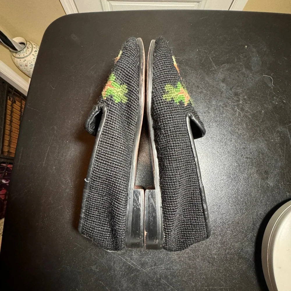 By Paige size 7 hand stitched black wool needlepoint leather loafers